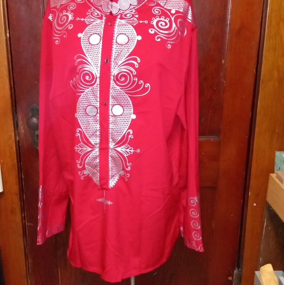 Beautiful red & silver kurtas pyjamas top w/silver buttons band collar no labels - Picture 2 of 12